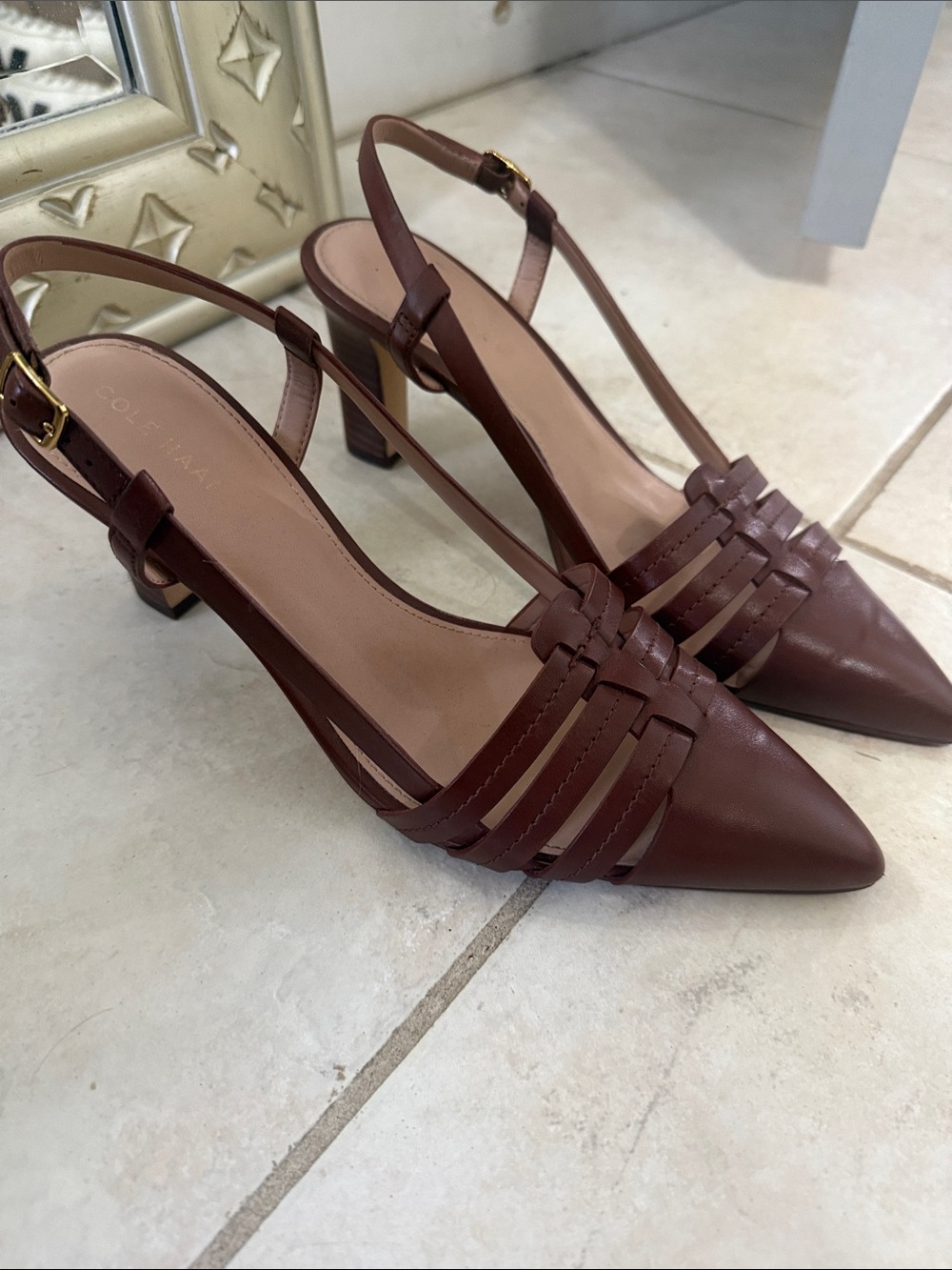 Cole Haan Dark Brown Leather Pointed Slingback Heels